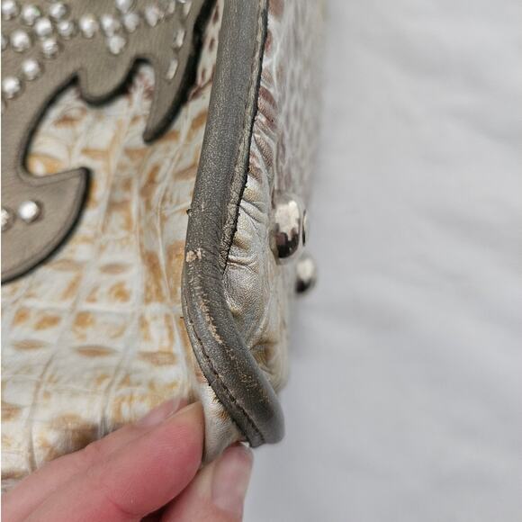 Raviani Multicolor Croc Embossed Leather Fleur De Lis Rhinestone Bucket Bag Stud - Picture 5 of 11